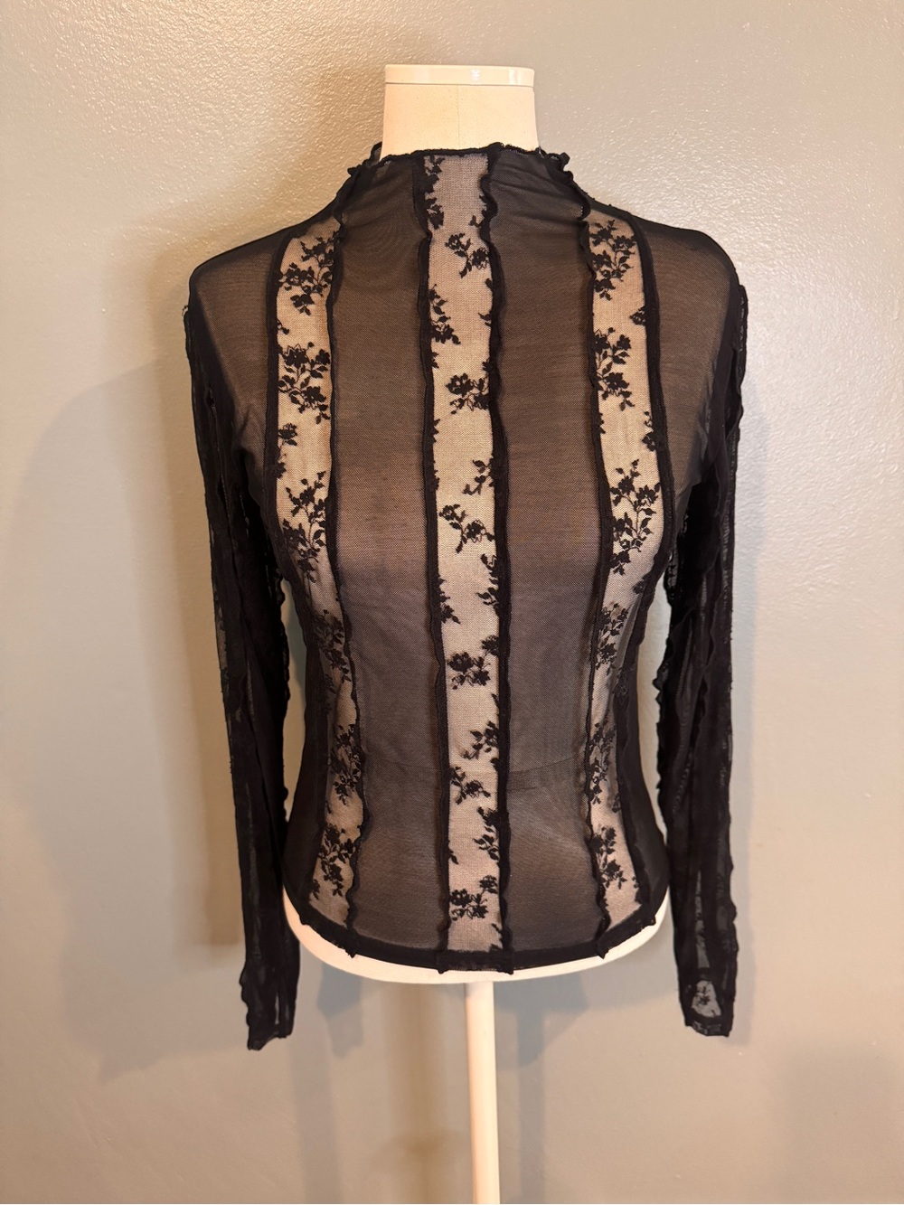 Disturbia Black Sheer Lace Stripe Long Sleeve Top US 6